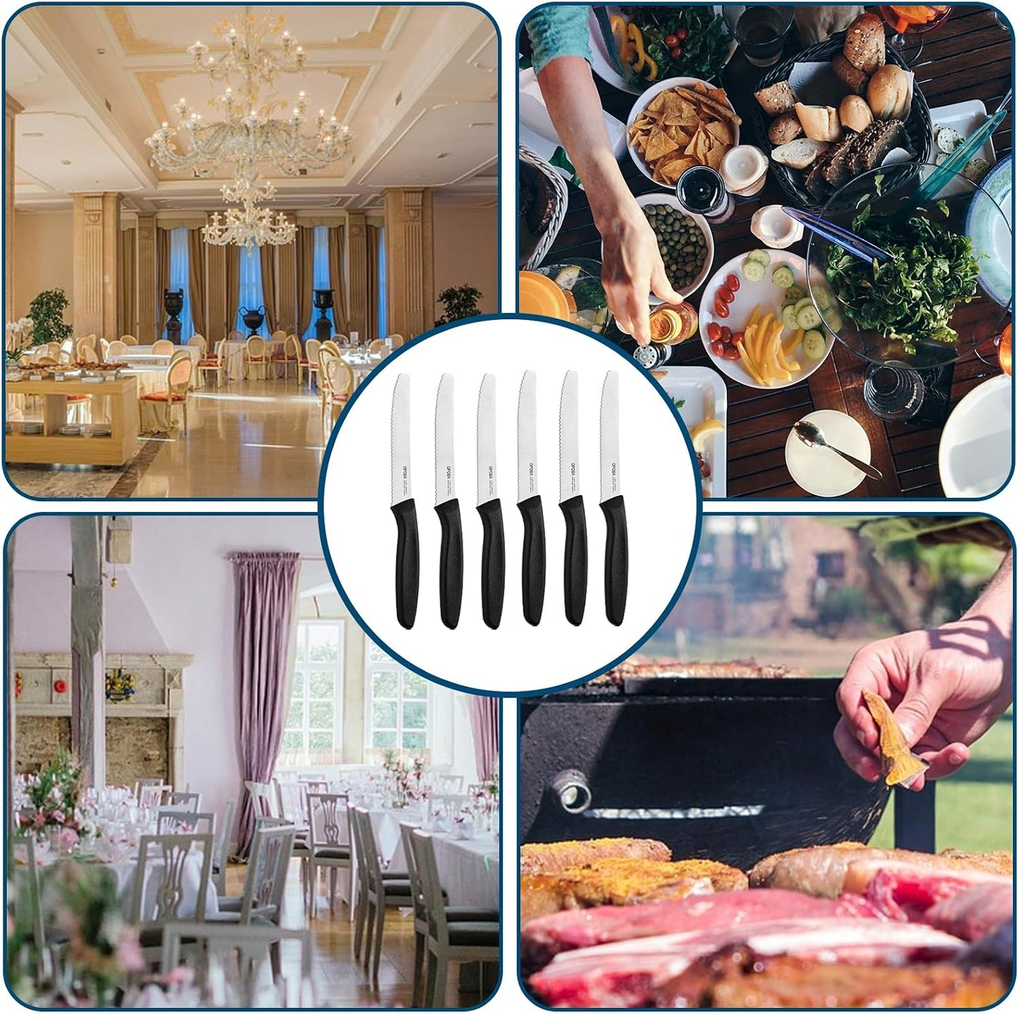 Steak Knives,Sharp Serrated Kitchen Knives,6 Pieces Black Bread Knife,Multi-purpose Kitchen Knife,High-Carbon Stainless Steel Tamato Knives Set,Ergonomic Handle,Dishwasher Safe