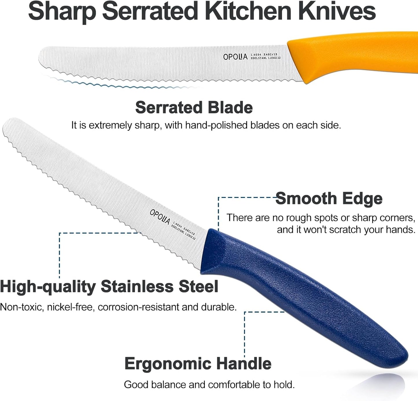Steak Knives,Sharp Serrated Kitchen Knives,6 Pieces Black Bread Knife,Multi-purpose Kitchen Knife,High-Carbon Stainless Steel Tamato Knives Set,Ergonomic Handle,Dishwasher Safe