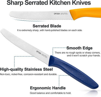Steak Knives,Sharp Serrated Kitchen Knives,6 Pieces Black Bread Knife,Multi-purpose Kitchen Knife,High-Carbon Stainless Steel Tamato Knives Set,Ergonomic Handle,Dishwasher Safe