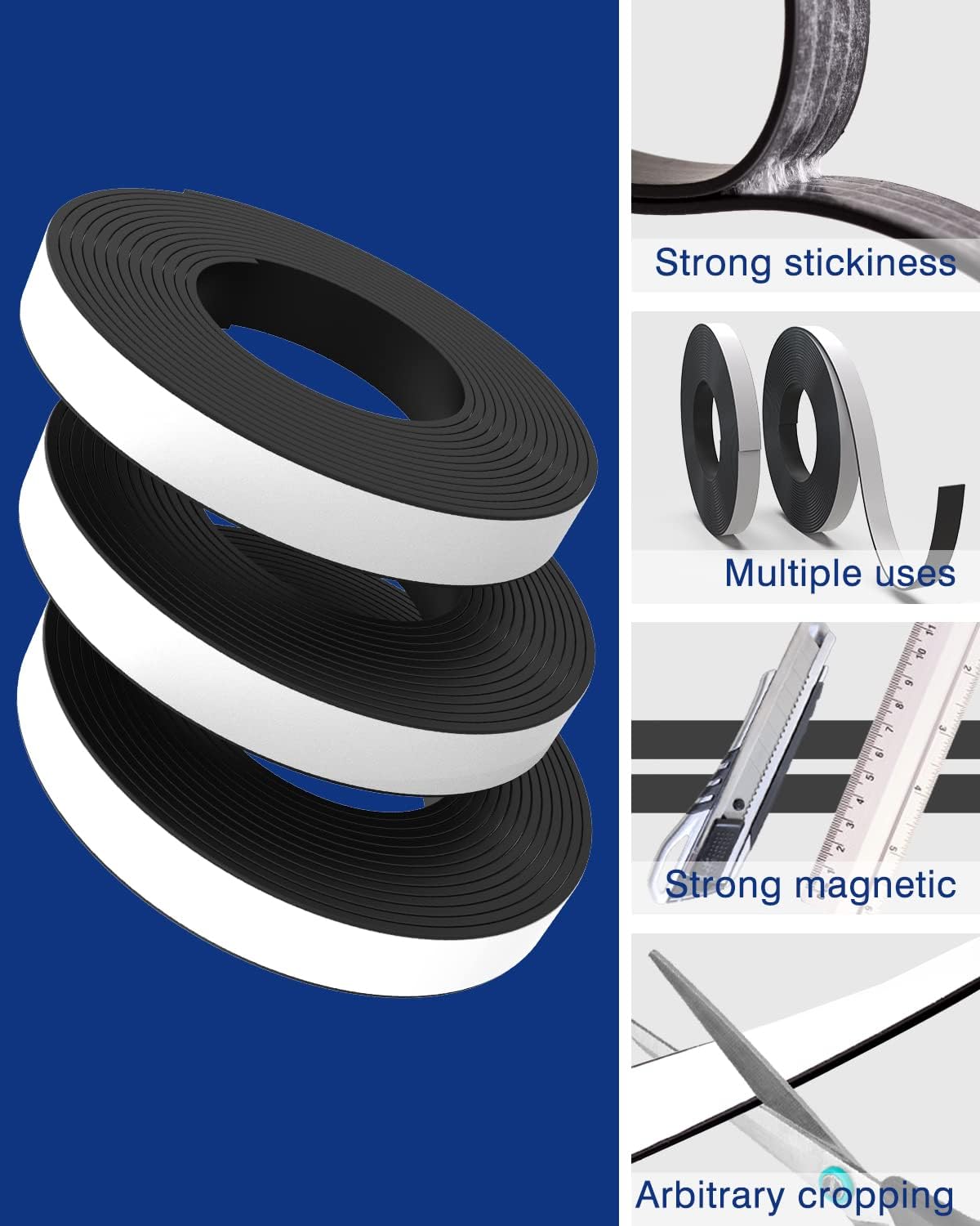 Magnetic Tape 3 Rolls 30Ft Flexible Magnet Strips with Strong Adhesive Backing (Each 10 Feet x 1/16" Thick x 1/2" Wide) Anisotropic Magnetic Roll