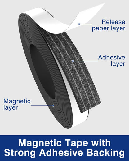 Magnetic Tape 3 Rolls 30Ft Flexible Magnet Strips with Strong Adhesive Backing (Each 10 Feet x 1/16" Thick x 1/2" Wide) Anisotropic Magnetic Roll