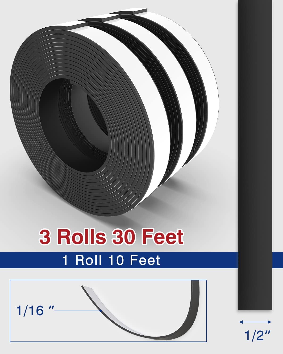 Magnetic Tape 3 Rolls 30Ft Flexible Magnet Strips with Strong Adhesive Backing (Each 10 Feet x 1/16" Thick x 1/2" Wide) Anisotropic Magnetic Roll