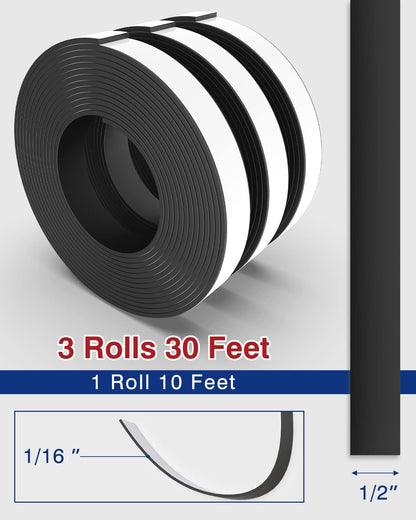 Magnetic Tape 3 Rolls 30Ft Flexible Magnet Strips with Strong Adhesive Backing (Each 10 Feet x 1/16" Thick x 1/2" Wide) Anisotropic Magnetic Roll