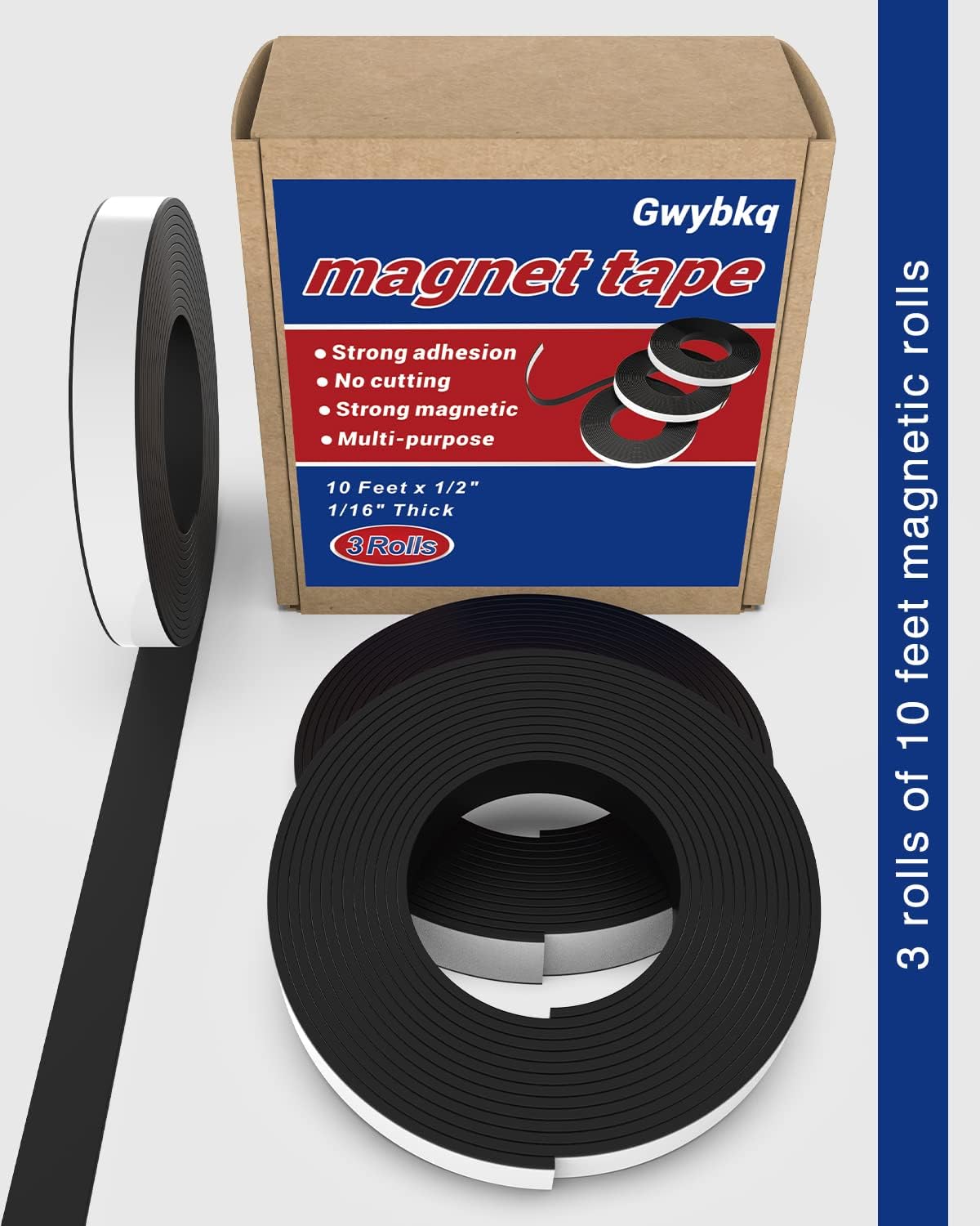 Magnetic Tape 3 Rolls 30Ft Flexible Magnet Strips with Strong Adhesive Backing (Each 10 Feet x 1/16" Thick x 1/2" Wide) Anisotropic Magnetic Roll