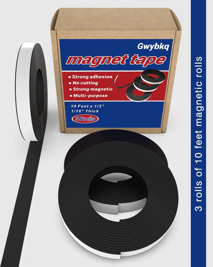 Magnetic Tape 3 Rolls 30Ft Flexible Magnet Strips with Strong Adhesive Backing (Each 10 Feet x 1/16" Thick x 1/2" Wide) Anisotropic Magnetic Roll