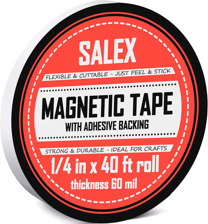 Magnetic Tape with Adhesive Backing 1/4 inch Wide - Thick 60 mil Magnet Tape Roll to Make Sticky Magnet Strips, Strong Squares, Dots, Flexible Sheets, Cutting Own Fridge Magnets, Crafts