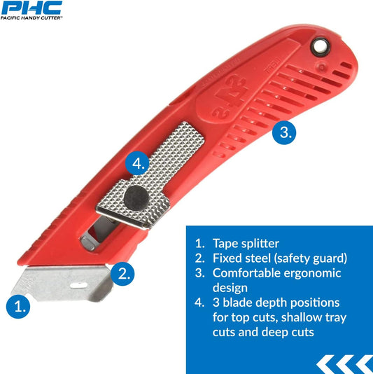 S4SL (New E21204-2) Self-Retracting Safety Cutter Fixed Metal Guard for Damage Protection, Retractable Utility Knife with Bladeless Tape Splitter, for Warehouse & In-Store Cutting