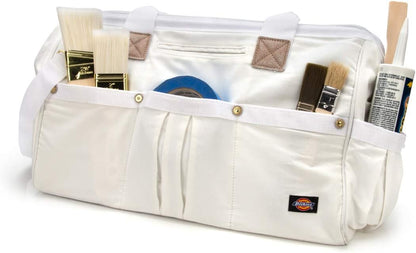 20-Inch Durable Canvas Work Bag for Painters, Carpenters, and Builders, Heavy-Duty Zipper, Reinforced Handles, Exterior Pockets, Shoulder Strap, White