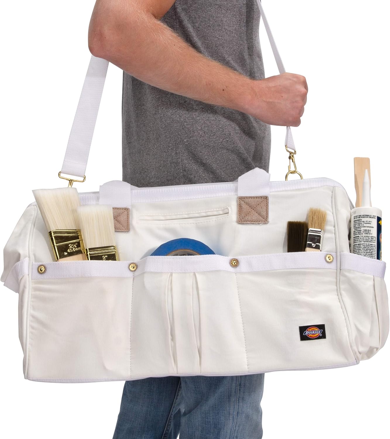 20-Inch Durable Canvas Work Bag for Painters, Carpenters, and Builders, Heavy-Duty Zipper, Reinforced Handles, Exterior Pockets, Shoulder Strap, White