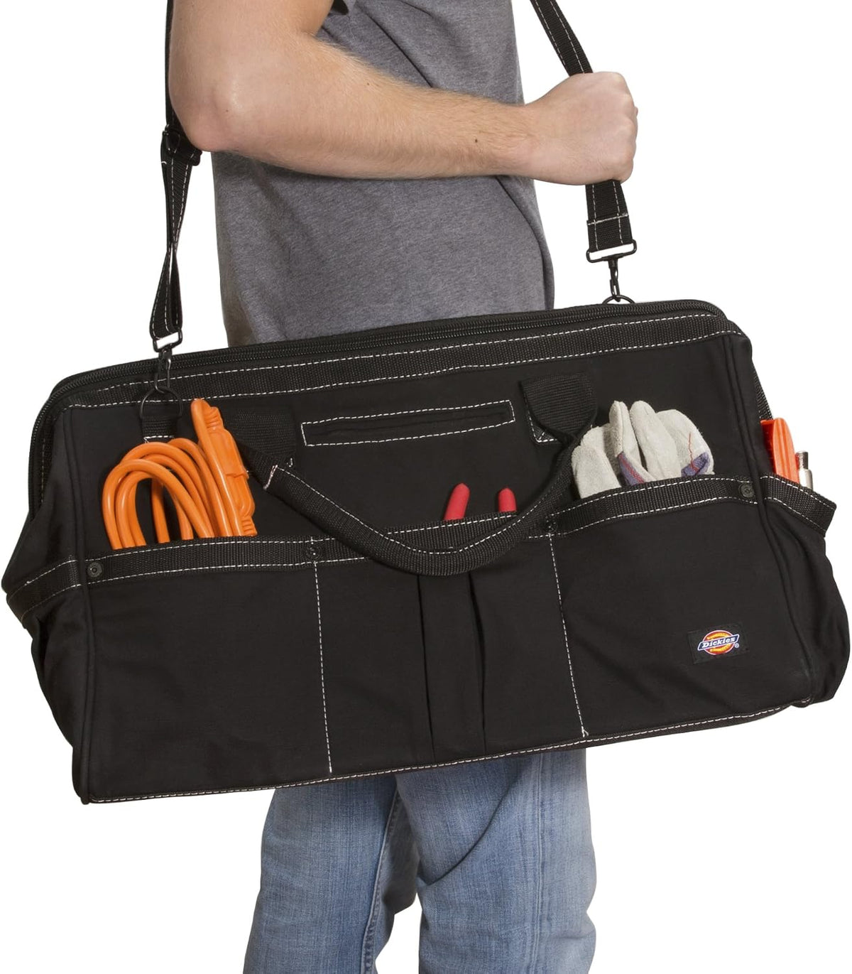 20-Inch Durable Canvas Work Bag for Painters, Carpenters, and Builders, Heavy-Duty Zipper, Reinforced Handles, Exterior Pockets, Shoulder Strap, White