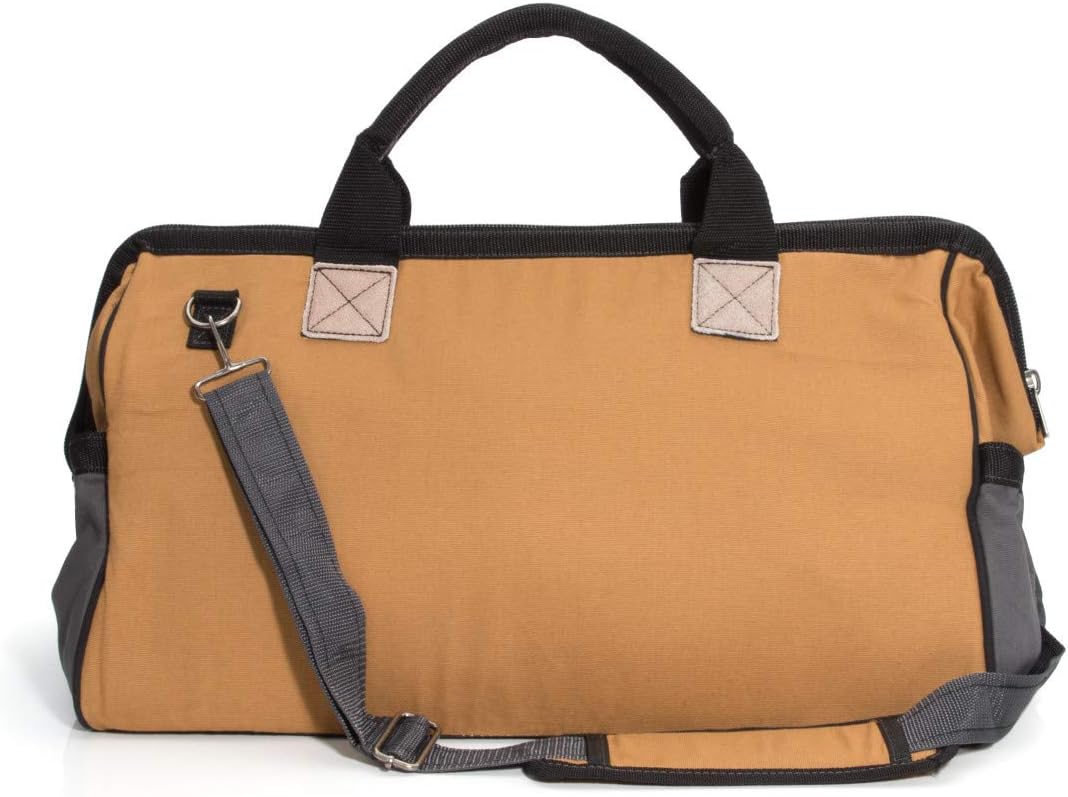 20-Inch Durable Canvas Work Bag for Painters, Carpenters, and Builders, Heavy-Duty Zipper, Reinforced Handles, Exterior Pockets, Shoulder Strap, White