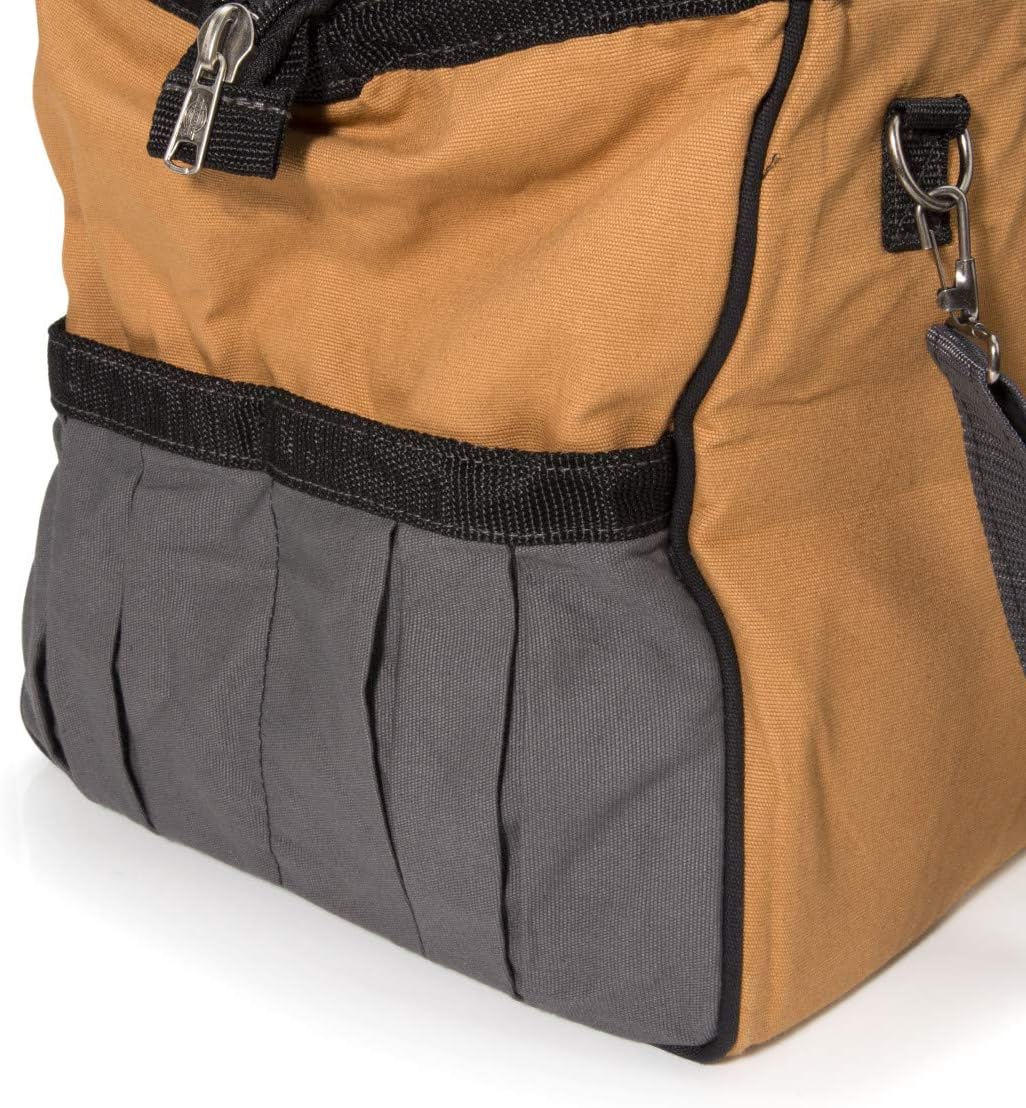 20-Inch Durable Canvas Work Bag for Painters, Carpenters, and Builders, Heavy-Duty Zipper, Reinforced Handles, Exterior Pockets, Shoulder Strap, White