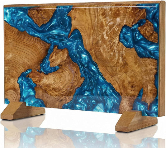 Magnetic Knife Holder, Double Sided Knife Block, Powerful Magnet Kitchen Storage, Beautiful Blue Resin Burl Wood Blend (16 x 10 Inches, Without Knives) (Blue)