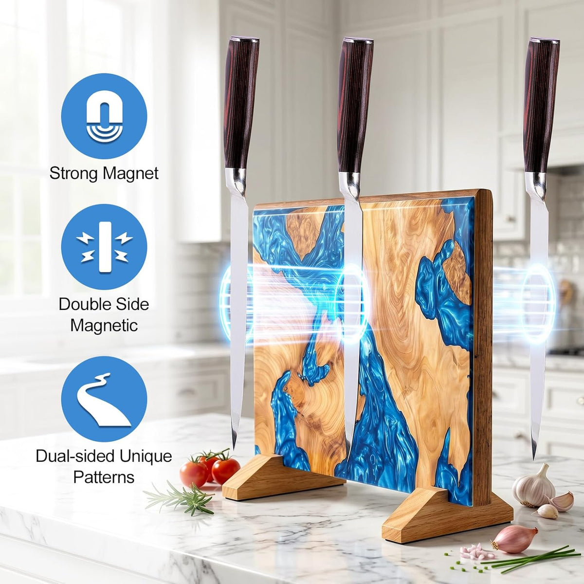 Magnetic Knife Holder, Double Sided Knife Block, Powerful Magnet Kitchen Storage, Beautiful Blue Resin Burl Wood Blend (16 x 10 Inches, Without Knives) (Blue)