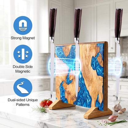 Magnetic Knife Holder, Double Sided Knife Block, Powerful Magnet Kitchen Storage, Beautiful Blue Resin Burl Wood Blend (16 x 10 Inches, Without Knives) (Blue)