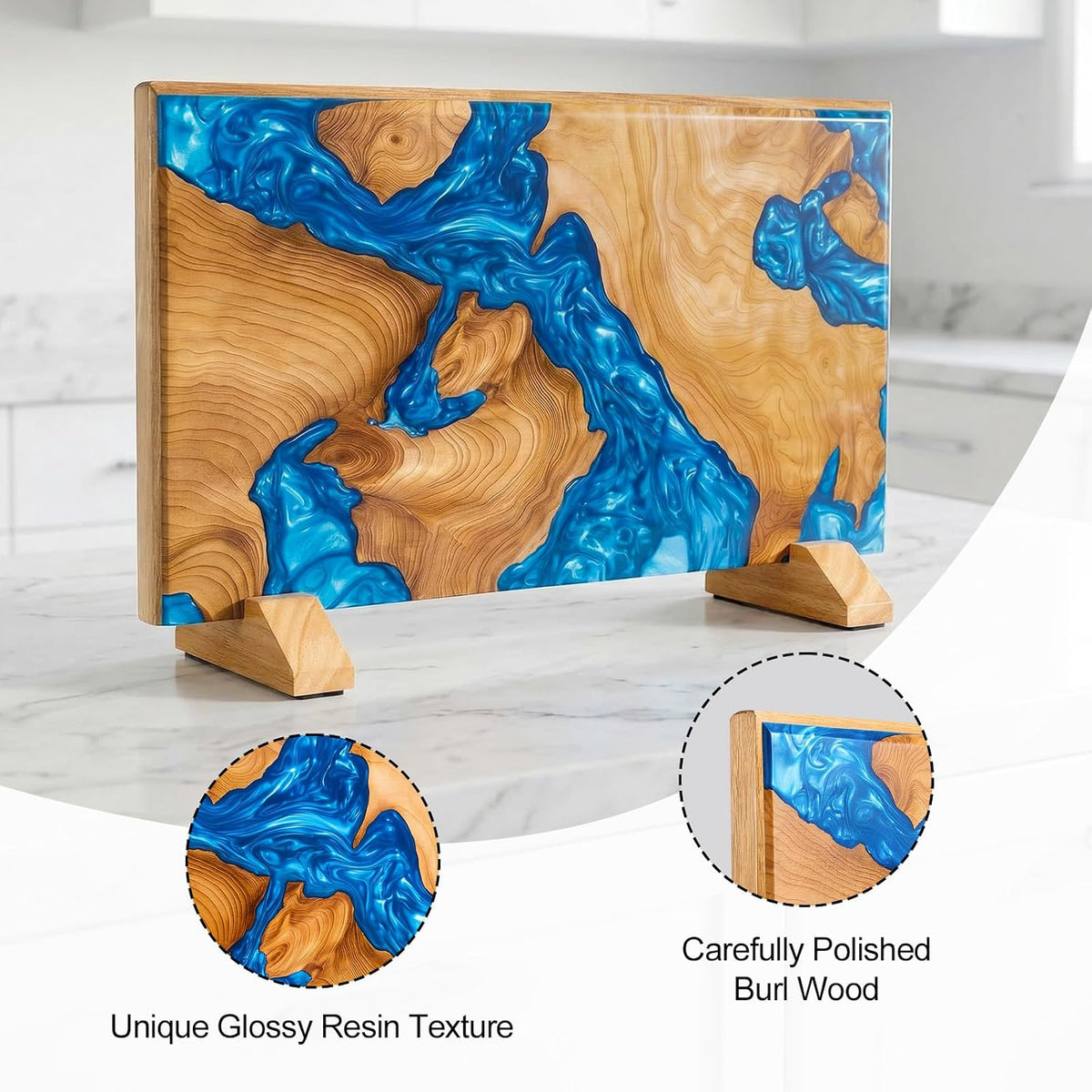 Magnetic Knife Holder, Double Sided Knife Block, Powerful Magnet Kitchen Storage, Beautiful Blue Resin Burl Wood Blend (16 x 10 Inches, Without Knives) (Blue)