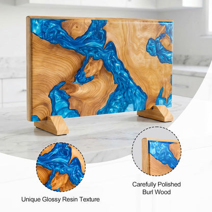 Magnetic Knife Holder, Double Sided Knife Block, Powerful Magnet Kitchen Storage, Beautiful Blue Resin Burl Wood Blend (16 x 10 Inches, Without Knives) (Blue)