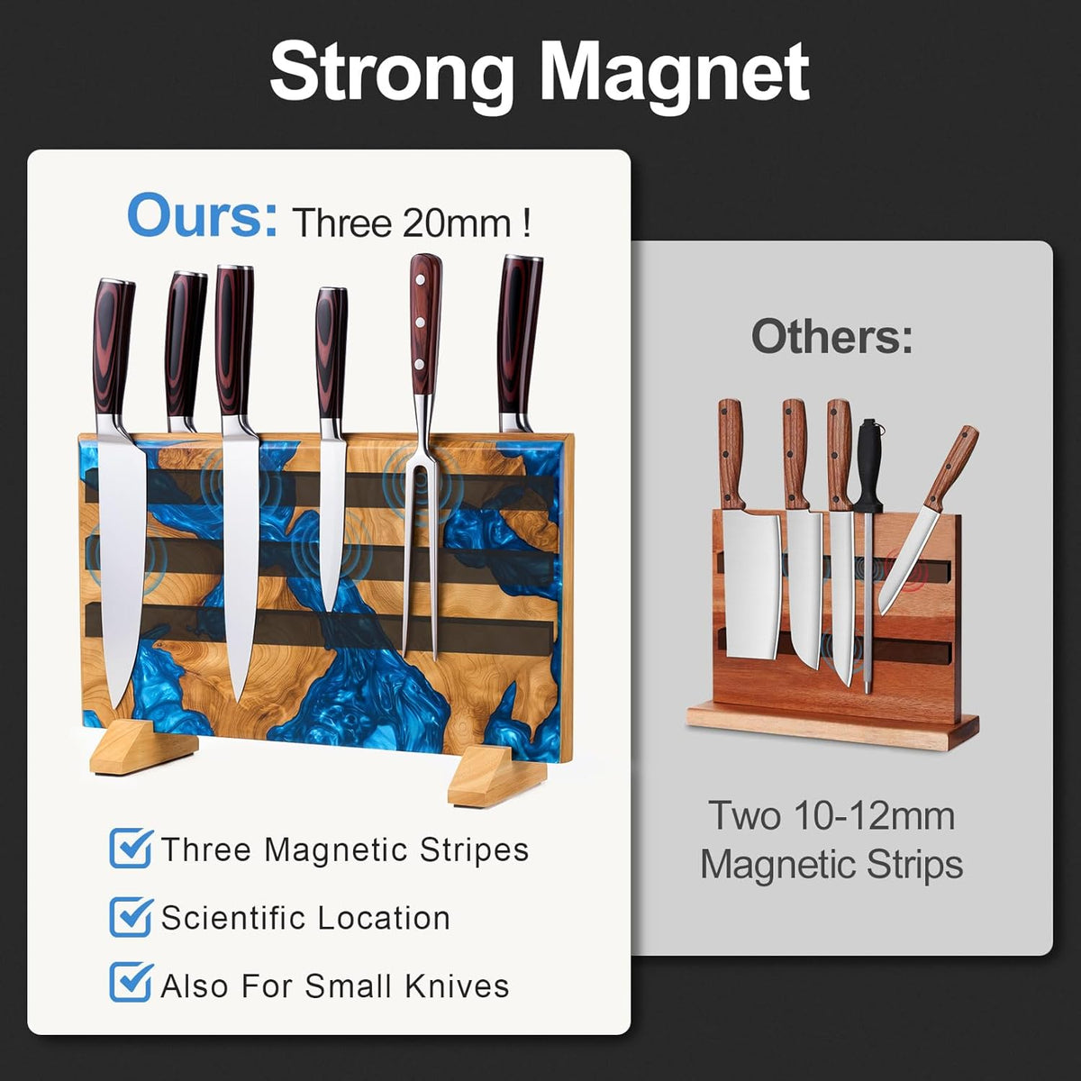 Magnetic Knife Holder, Double Sided Knife Block, Powerful Magnet Kitchen Storage, Beautiful Blue Resin Burl Wood Blend (16 x 10 Inches, Without Knives) (Blue)