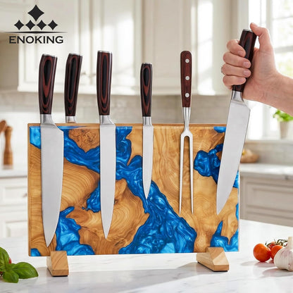 Magnetic Knife Holder, Double Sided Knife Block, Powerful Magnet Kitchen Storage, Beautiful Blue Resin Burl Wood Blend (16 x 10 Inches, Without Knives) (Blue)