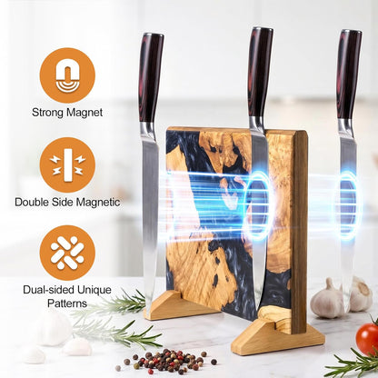 Magnetic Knife Holder, Double Sided Knife Block, Powerful Magnet Kitchen Storage, Beautiful Blue Resin Burl Wood Blend (16 x 10 Inches, Without Knives) (Blue)