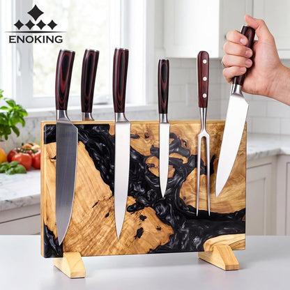 Magnetic Knife Holder, Double Sided Knife Block, Powerful Magnet Kitchen Storage, Beautiful Blue Resin Burl Wood Blend (16 x 10 Inches, Without Knives) (Blue)
