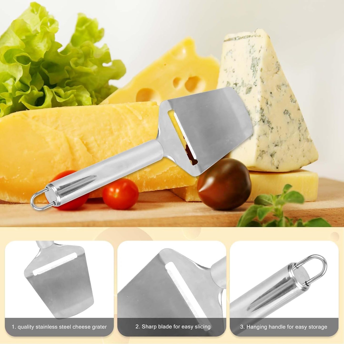 Cheese Cutter, Stainless Steel Cheese Slicer with 4pcs Extra Wires Adjustable Handheld Butter Block Cutter for Cheddar Gruyere Mozzarella Kitchen Slicing Tools