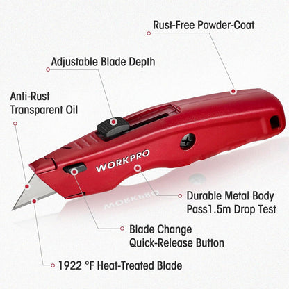 Premium Utility Knife, Retractable All Metal Heavy Duty Box Cutter, Quick Change Blade Razor Knife, 3PCS with 10 Extra Blades
