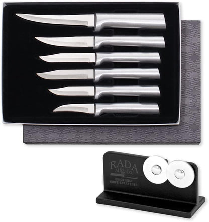 All-Star Paring Gift Set (S52) + Sharpener, Silver Handle | 6-Piece Knife Set with Quick Edge Sharpener (R119), Stainless Steel Blades, Silver Cast Aluminum Handle