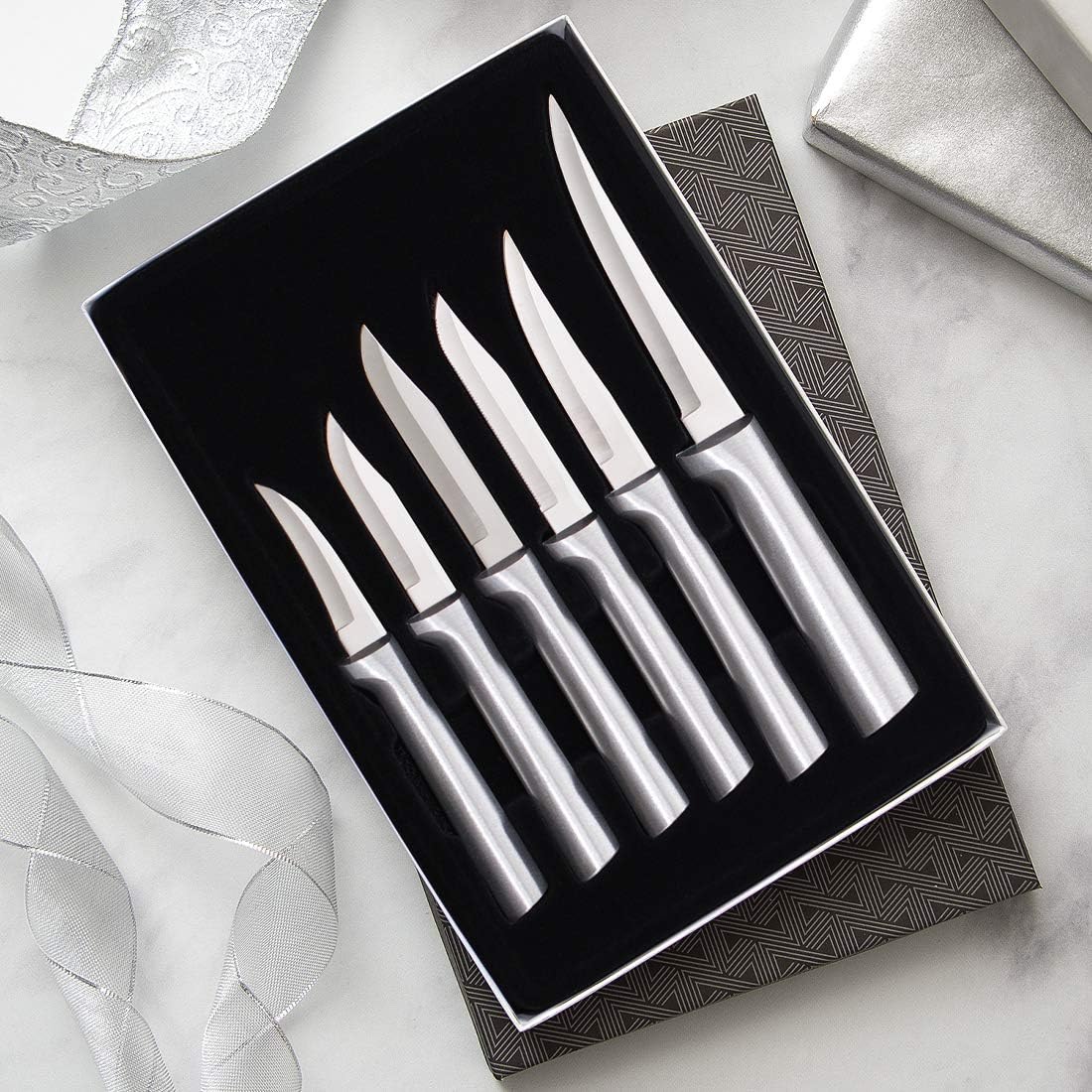 All-Star Paring Gift Set (S52) + Sharpener, Silver Handle | 6-Piece Knife Set with Quick Edge Sharpener (R119), Stainless Steel Blades, Silver Cast Aluminum Handle