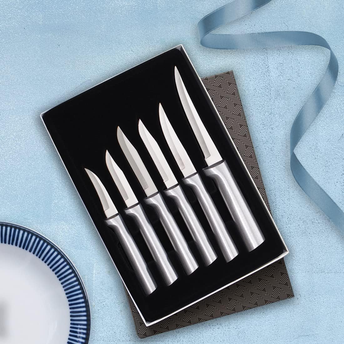 All-Star Paring Gift Set (S52) + Sharpener, Silver Handle | 6-Piece Knife Set with Quick Edge Sharpener (R119), Stainless Steel Blades, Silver Cast Aluminum Handle