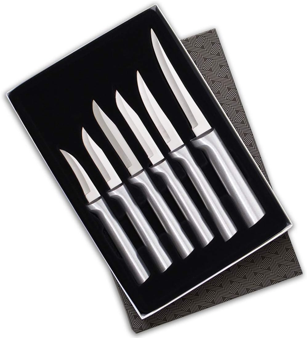 All-Star Paring Gift Set (S52) + Sharpener, Silver Handle | 6-Piece Knife Set with Quick Edge Sharpener (R119), Stainless Steel Blades, Silver Cast Aluminum Handle