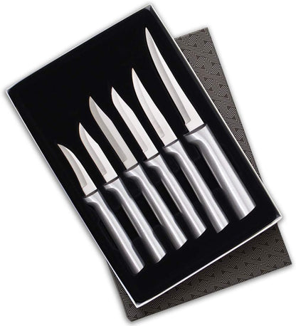 All-Star Paring Gift Set (S52) + Sharpener, Silver Handle | 6-Piece Knife Set with Quick Edge Sharpener (R119), Stainless Steel Blades, Silver Cast Aluminum Handle