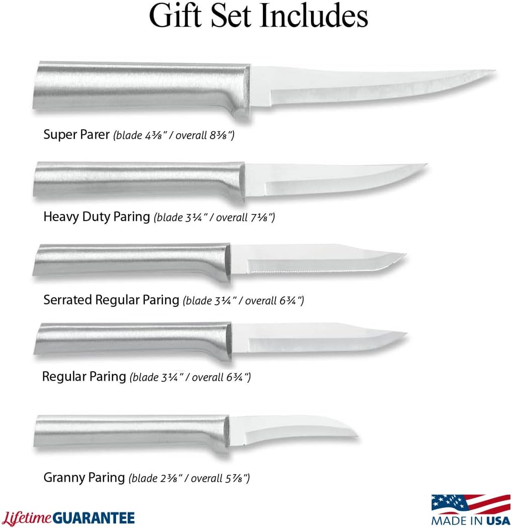 All-Star Paring Gift Set (S52) + Sharpener, Silver Handle | 6-Piece Knife Set with Quick Edge Sharpener (R119), Stainless Steel Blades, Silver Cast Aluminum Handle
