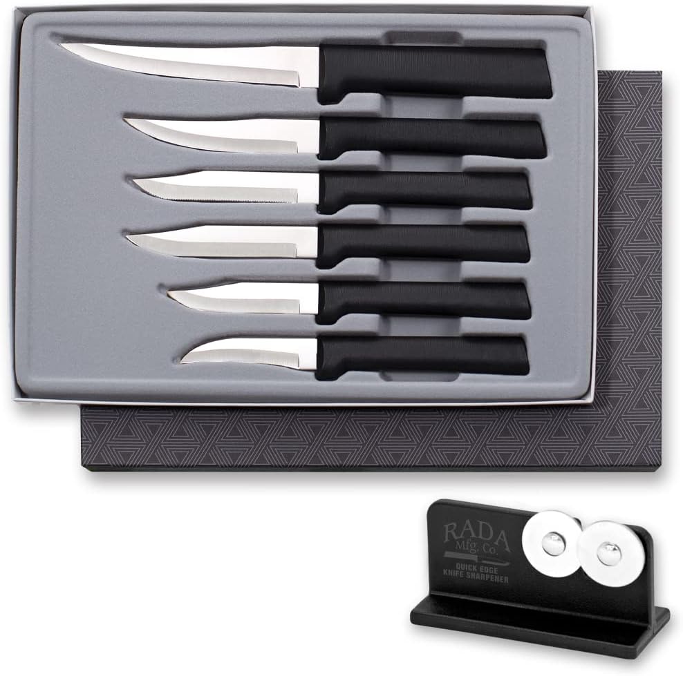 All-Star Paring Gift Set (S52) + Sharpener, Silver Handle | 6-Piece Knife Set with Quick Edge Sharpener (R119), Stainless Steel Blades, Silver Cast Aluminum Handle