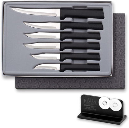 All-Star Paring Gift Set (S52) + Sharpener, Silver Handle | 6-Piece Knife Set with Quick Edge Sharpener (R119), Stainless Steel Blades, Silver Cast Aluminum Handle