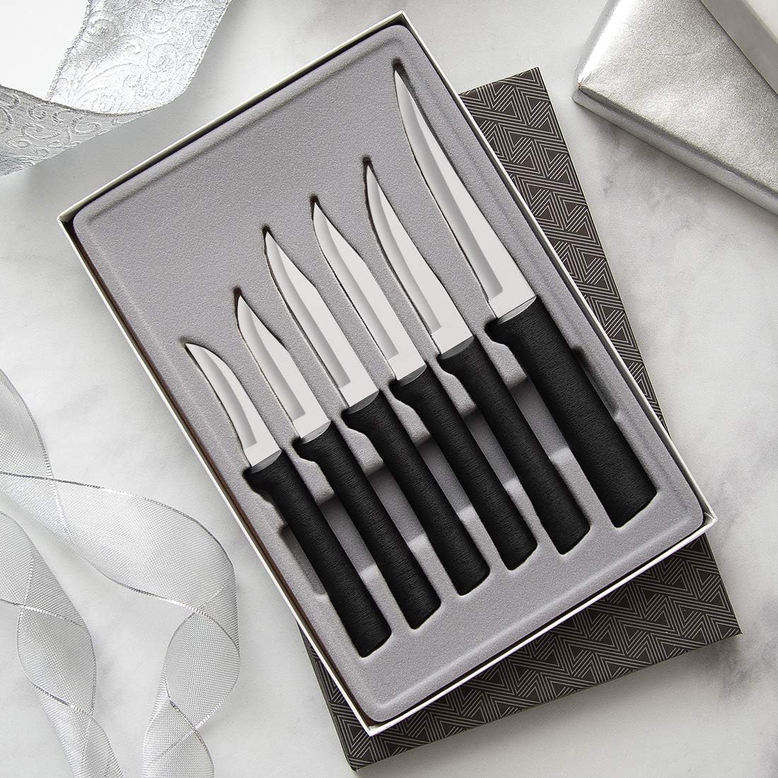 All-Star Paring Gift Set (S52) + Sharpener, Silver Handle | 6-Piece Knife Set with Quick Edge Sharpener (R119), Stainless Steel Blades, Silver Cast Aluminum Handle