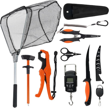 9 Pcs Fishing Tool Kit, Fishing Pliers with Lanyard and Protective Sheaths, Landing Net, Fillet Knife, Fish Scale, Gripper
