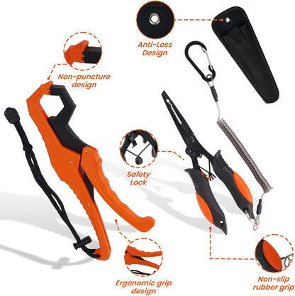 9 Pcs Fishing Tool Kit, Fishing Pliers with Lanyard and Protective Sheaths, Landing Net, Fillet Knife, Fish Scale, Gripper