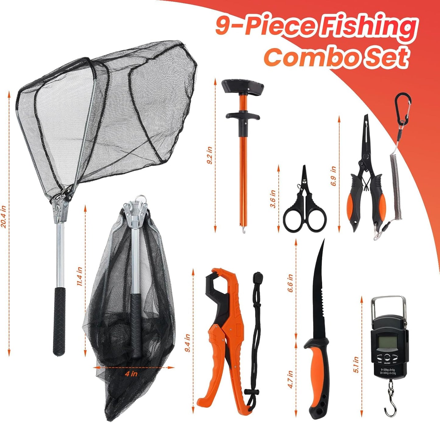 9 Pcs Fishing Tool Kit, Fishing Pliers with Lanyard and Protective Sheaths, Landing Net, Fillet Knife, Fish Scale, Gripper