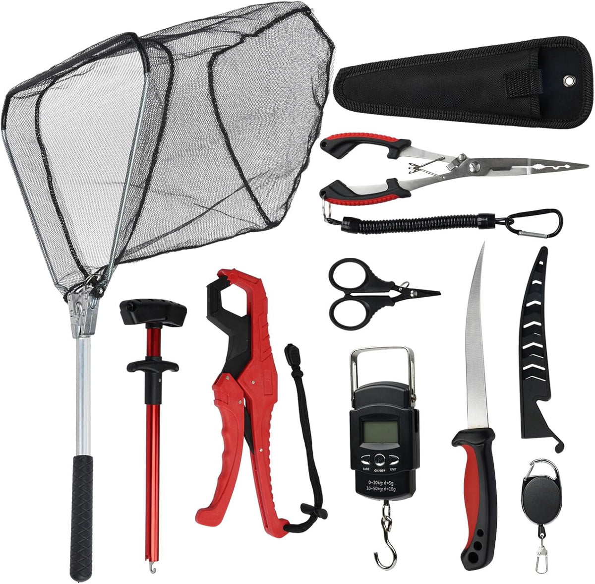 9 Pcs Fishing Tool Kit, Fishing Pliers with Lanyard and Protective Sheaths, Landing Net, Fillet Knife, Fish Scale, Gripper