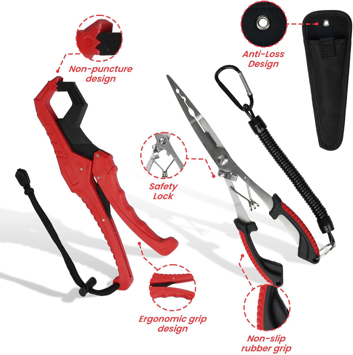 9 Pcs Fishing Tool Kit, Fishing Pliers with Lanyard and Protective Sheaths, Landing Net, Fillet Knife, Fish Scale, Gripper