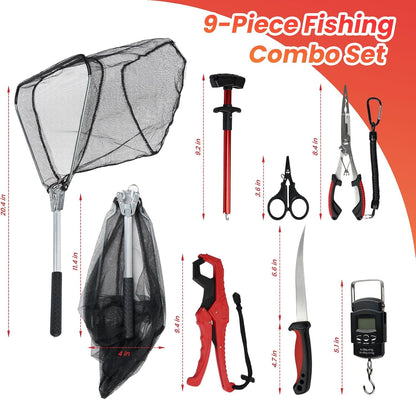 9 Pcs Fishing Tool Kit, Fishing Pliers with Lanyard and Protective Sheaths, Landing Net, Fillet Knife, Fish Scale, Gripper