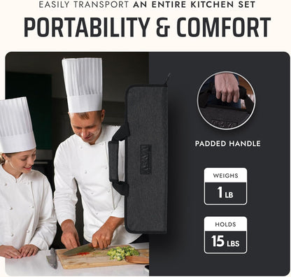 Asaya Chef Knife Roll Bag - 12-Pocket Chefs Case for Kitchen Knives and Utensils, Lightweight Stain-Resistant Waxed Nylon Chef Knife Bag - Knives Not Included (Black)