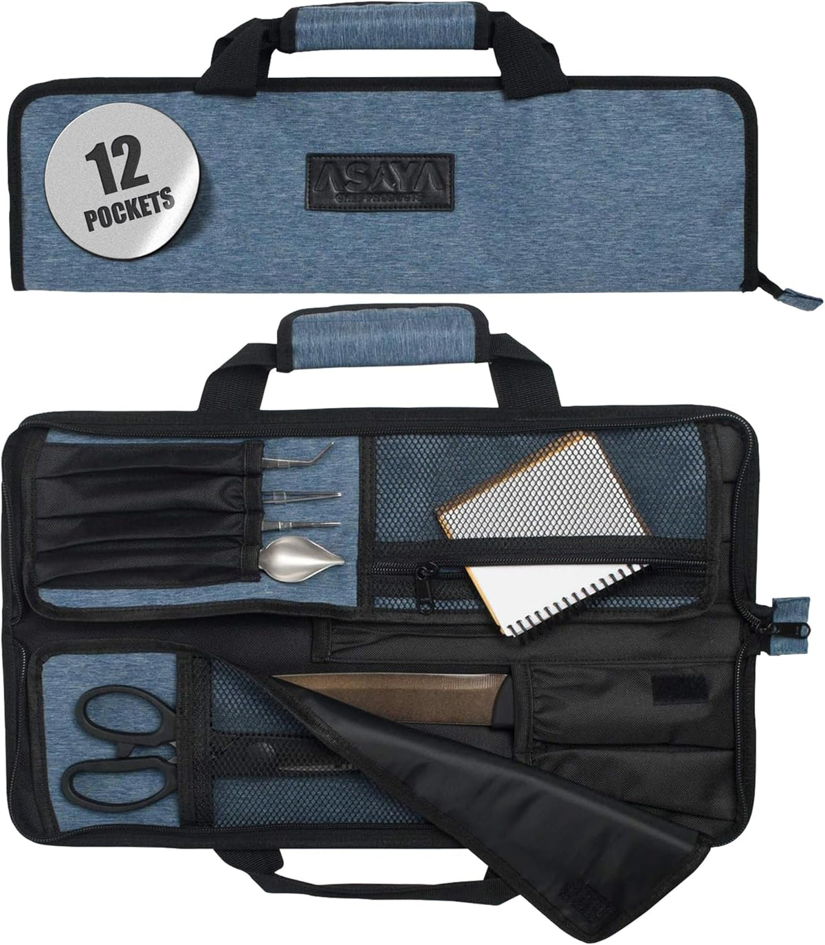 Asaya Chef Knife Roll Bag - 12-Pocket Chefs Case for Kitchen Knives and Utensils, Lightweight Stain-Resistant Waxed Nylon Chef Knife Bag - Knives Not Included (Black)