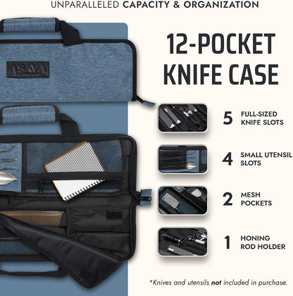 Asaya Chef Knife Roll Bag - 12-Pocket Chefs Case for Kitchen Knives and Utensils, Lightweight Stain-Resistant Waxed Nylon Chef Knife Bag - Knives Not Included (Black)