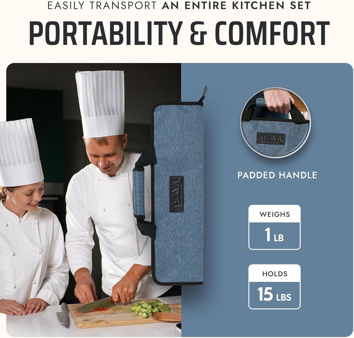 Asaya Chef Knife Roll Bag - 12-Pocket Chefs Case for Kitchen Knives and Utensils, Lightweight Stain-Resistant Waxed Nylon Chef Knife Bag - Knives Not Included (Black)