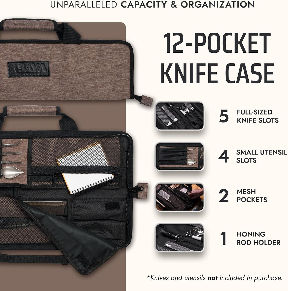 Asaya Chef Knife Roll Bag - 12-Pocket Chefs Case for Kitchen Knives and Utensils, Lightweight Stain-Resistant Waxed Nylon Chef Knife Bag - Knives Not Included (Black)