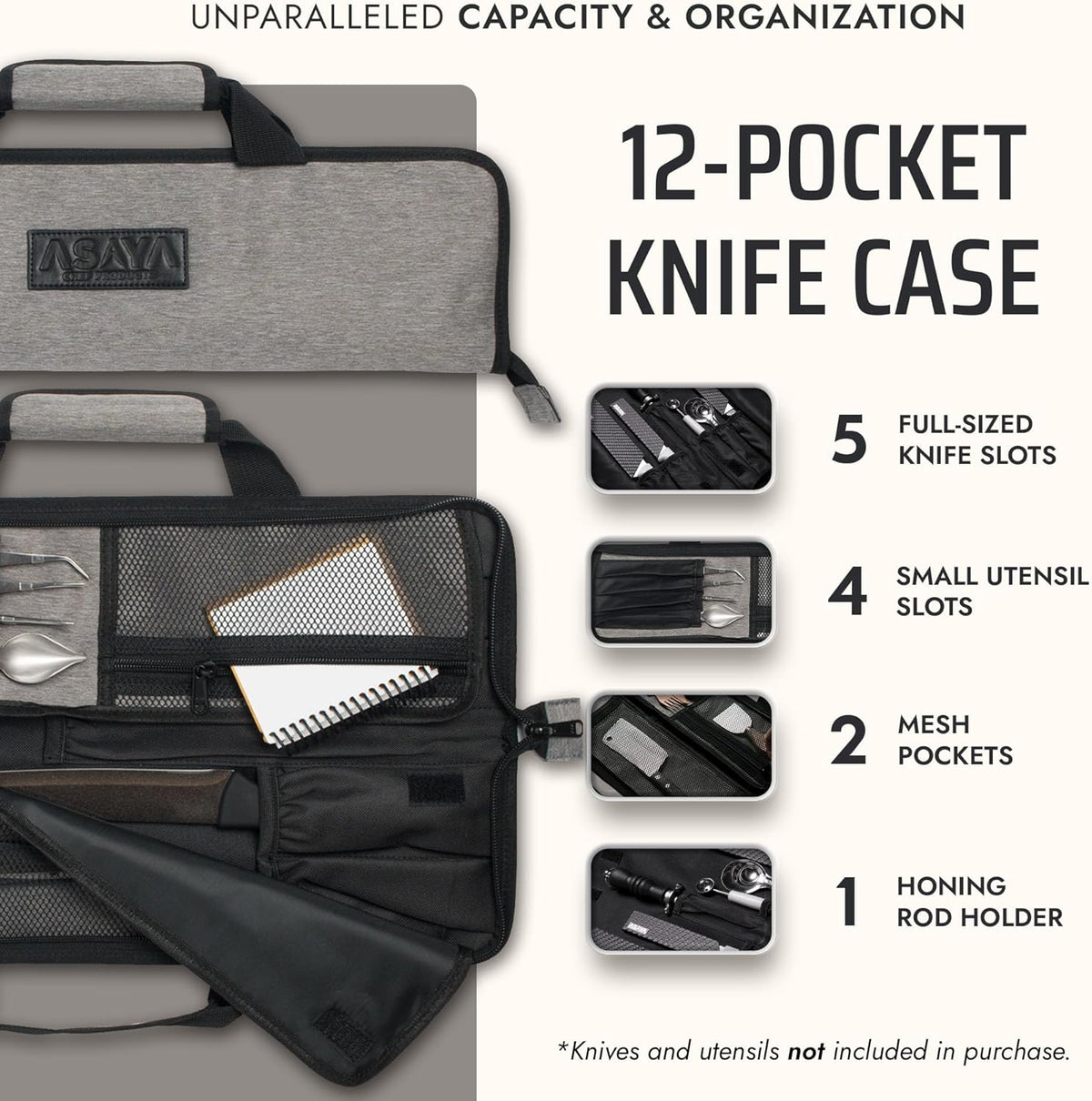 Asaya Chef Knife Roll Bag - 12-Pocket Chefs Case for Kitchen Knives and Utensils, Lightweight Stain-Resistant Waxed Nylon Chef Knife Bag - Knives Not Included (Black)