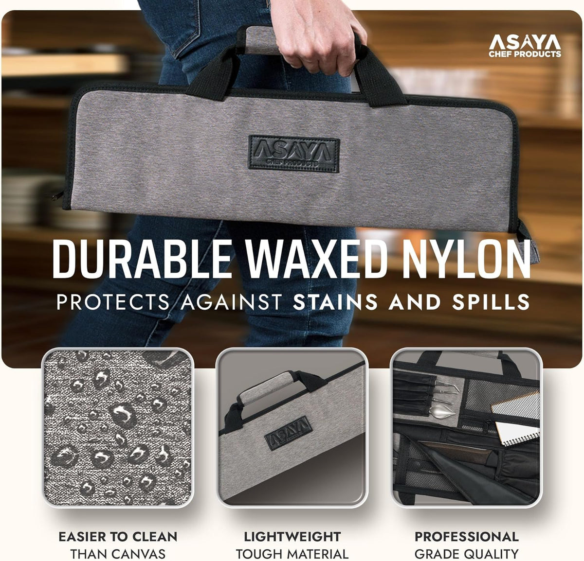 Asaya Chef Knife Roll Bag - 12-Pocket Chefs Case for Kitchen Knives and Utensils, Lightweight Stain-Resistant Waxed Nylon Chef Knife Bag - Knives Not Included (Black)