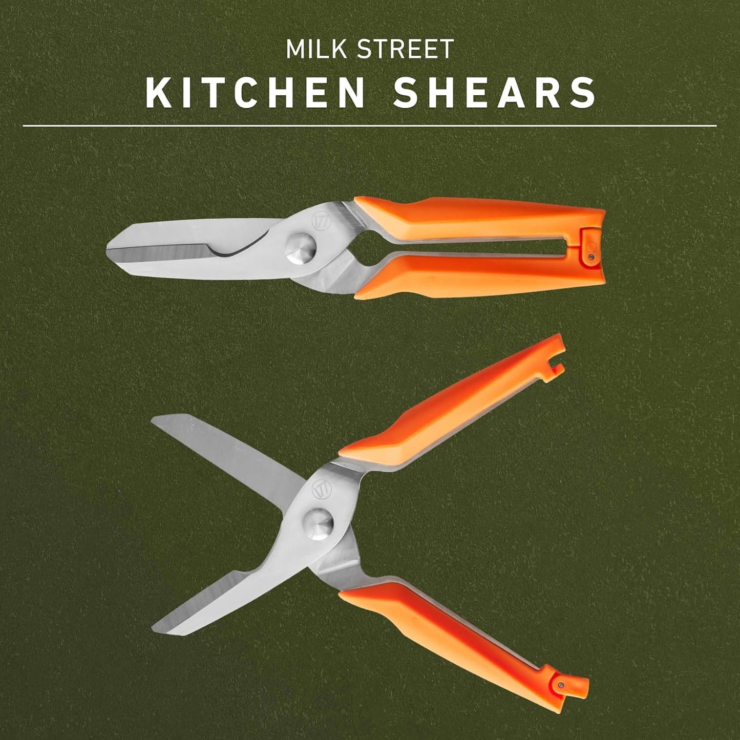 Milk Street Kitchen Shears, 3" German Steel Blade, Bone Notch, Spring-Loaded, Orange Handles, for Poultry, Fish, and More